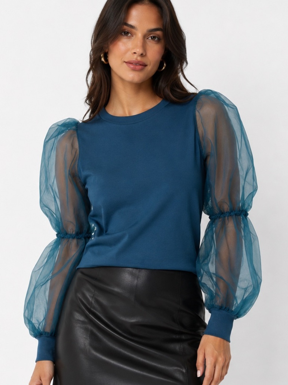 Maeve Teal Organza Puff-Sleeve Sweatshirt